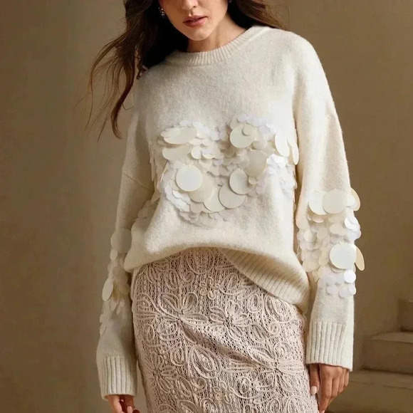 MODA ME COUTURE Sweaters - Apricot Casual Women's Handmade Beaded & Sequined Delicate Pullover Sweater